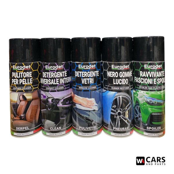 EURODET 5er Pflege-Set – Lederreiniger, Cockpitreiniger, Glasreiniger, Reifenpflege & Kunststoffpflege – Komplettset für Innen & Außen