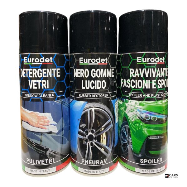 EURODET 3er Pflege-Set – Glasreiniger, Reifenschwarz & Kunststoff-/Spoilerpflege – Profi Fahrzeugpflege Made in Italy