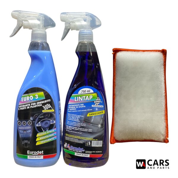 EURODET Euro 3 Cockpit Mattreiniger + LINTAP Textilreiniger + Mikrofaser-Pad – Innenraum Set für Kunststoff, Polster & Teppiche (2x 750 ml + Pad)