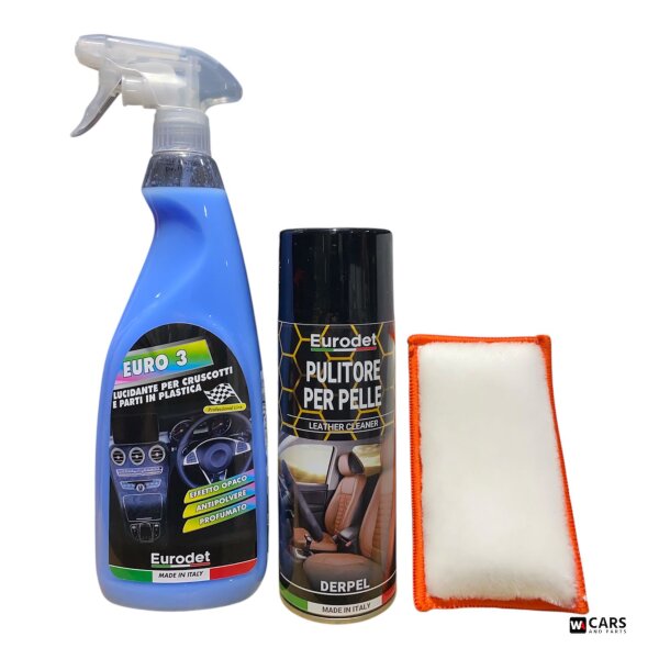 EURODET Euro 3 Cockpitpfleger + Derpel Lederreiniger + Premium Reinigungspad – Komplettset für Innenraum- & Lederpflege