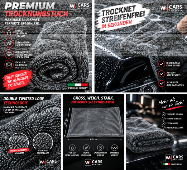 WA Cars & Parts Premium Trocknungstuch 50x80 cm 1400 GSM Double Twisted Loop Autopflege Grau