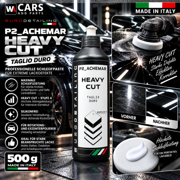 EURODETAILING P2_ACHEMAR HEAVY CUT 500 g – Hochabrasive Schleifpolitur | Cut Stufe 4 | Silikonfrei | Made in Italy
